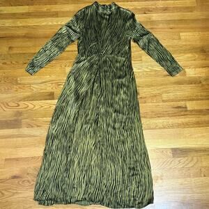 Petersyn Women’s Medium Zuma Maxi Dress Green Black Satin zebra Print Mock Neck